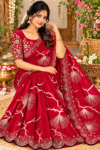 Luxury Space Silk Saree in Crimson Red with Golden Abstract Tree Motifs & Scallop Cutwork Border