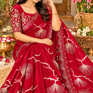 Luxury Space Silk Saree in Crimson Red with Golden Abstract Tree Motifs & Scallop Cutwork Border