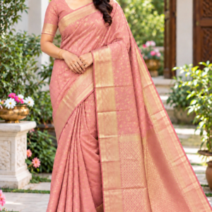 Elegant Dusty Pink Soft Silk Saree with Rich Gold Zari Border & Pallu