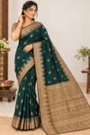 Amazing Party Wear Cotton Saree Dark Emerald Green & Gold with Zari Weaving