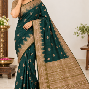 Amazing Party Wear Cotton Saree Dark Emerald Green & Gold with Zari Weaving