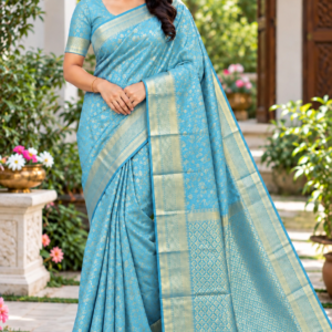 Elegant Sky Blue Soft Silk Saree with Rich Gold Zari Border & Pallu