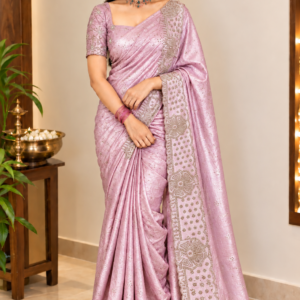 Royal Light Pink Designer Space Silk Saree with Intricate Stone Work