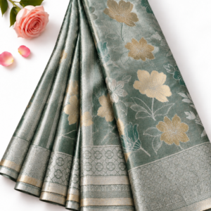 Elegant Sage Green Tissue Pattu Saree with Floral Zari Weaving