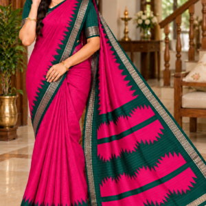 Golden Temple Saree Deep Pink & Bottle Green with Zari Temple Border