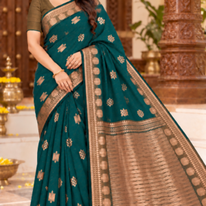 Elegance Party Wear Cotton Saree Green & Gold With Zari Weaving