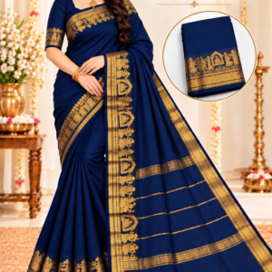 Kanchi Cool Cotton Saree in Royal Navy Blue with Elegant Zari Border