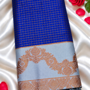 Insta Trend Royal Blue Soft Silk Saree with Zari Grid Checks & Silver-Grey Border