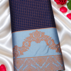 Insta Trend Navy Blue Soft Silk Saree with Zari Grid Checks & Pastel Ice Blue Border
