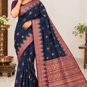 Amazing Party Wear Cotton Saree Navy Blue & Purple with Zari Weaving