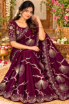 Luxury Space Silk Saree in Rich Wine Plum with Golden Abstract Tree Motifs & Scallop Cutwork Border