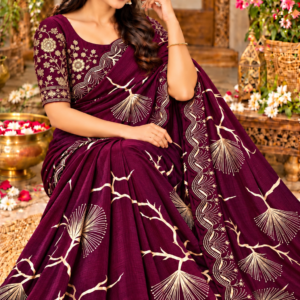 Luxury Space Silk Saree in Rich Wine Plum with Golden Abstract Tree Motifs & Scallop Cutwork Border