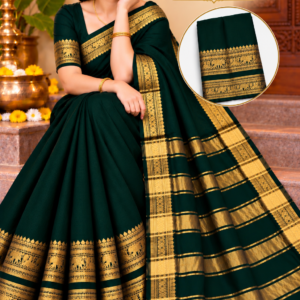 Kanchi Cool Cotton Saree in Bottle Green with Golden Zari Border