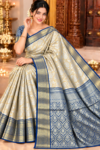 Banarasi Tissue Soft Saree - Metallic Gold & Royal Navy Blue Contrast