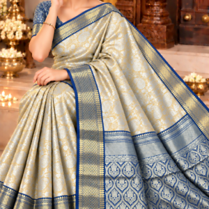 Banarasi Tissue Soft Saree - Metallic Gold & Royal Navy Blue Contrast