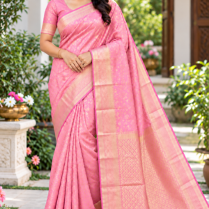Elegant Light Pink Soft Silk Saree with Rich Gold Zari Border & Pallu