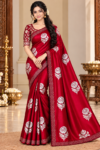 Luxury Space Silk Saree in Bright Crimson Red with Silver Floral Zari Work