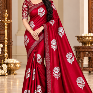 Luxury Space Silk Saree in Bright Crimson Red with Silver Floral Zari Work