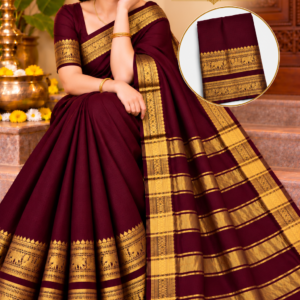 Kanchi Cool Cotton Saree in Deep Maroon with Golden Zari Border