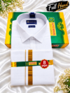 Mahaan Linen Cotton Dhoti & Full Sleeve Shirt – Pure White with Gold Zari Border