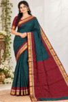 Regal Peacock Blue & Maroon Banarasi Cotton Saree with Zari Checkered Pattern