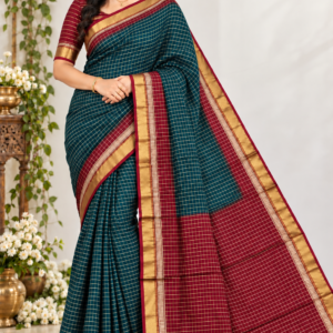 Regal Peacock Blue & Maroon Banarasi Cotton Saree with Zari Checkered Pattern