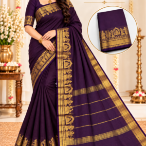 Kanchi Cool Cotton Saree in Deep Purple with Golden Zari Border