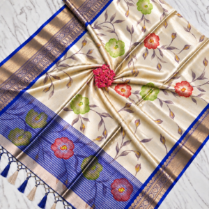 Golden Beige Banarasi Soft Digital Tissue Saree with Royal Blue Border & Floral Prints
