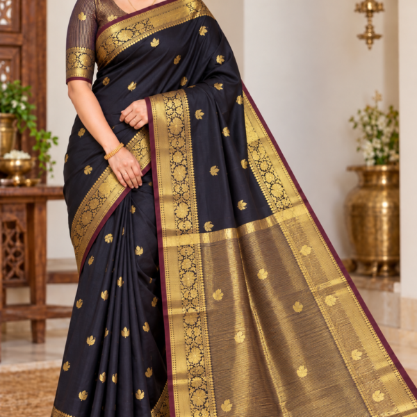 Trending Coffee Brown Banarasi Silk Saree with All-Over Gold Zari Leaf Buttas and Grand Floral Border