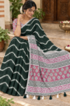 Elegant Wavy Linen Cotton Saree Dark Green & Pink
