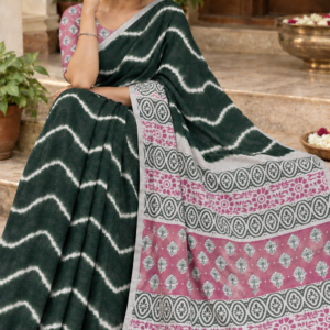 Elegant Wavy Linen Cotton Saree Dark Green & Pink
