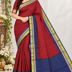 Classic Maroon & Royal Blue Banarasi Cotton Saree with Zari Checkered Pattern