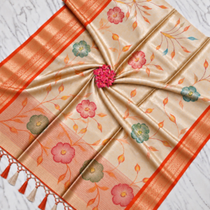 Elegant Golden Beige Banarasi Soft Digital Tissue Saree with Contrast Red Zari Border
