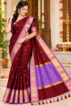 Maroon Banarasi Silk Saree with Contrast Purple Zari Border & Rich Pallu