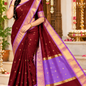 Maroon Banarasi Silk Saree with Contrast Purple Zari Border & Rich Pallu
