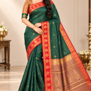 Bottle Green with Contrast Red Rich Zari Woven Kanchi Soft Silk Saree with Contrasting Pallu