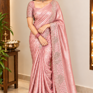 Royal Rose Pink Designer Space Silk Saree with Intricate Stone Work