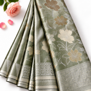 Elegant Sage Green Tissue Pattu Saree with Floral Zari Weaving