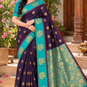 Cottanchi Soft Silk Saree with Peacock Motif Border and Rich Zari Pallu - Purple & Teal Green