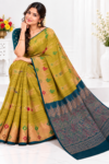 Party Wear Cotton Saree Mustard Yellow & Teal Blue with Zari Weaving