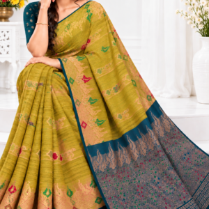 Party Wear Cotton Saree Mustard Yellow & Teal Blue with Zari Weaving