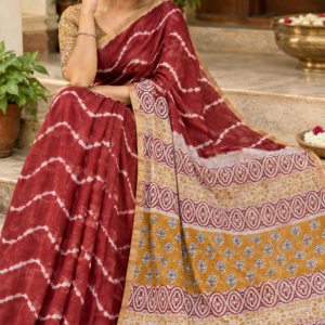 Elegant Wavy Linen Cotton Saree Maroon & Mustard