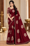 Luxury Space Silk Saree in Elegant Wine Red with Golden Floral Zari Work