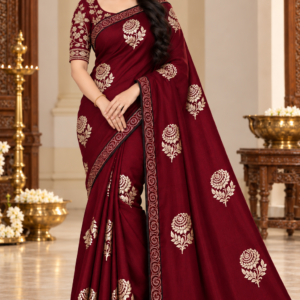 Luxury Space Silk Saree in Elegant Wine Red with Golden Floral Zari Work