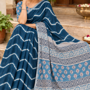 Elegant Wavy Linen Cotton Saree Royal Blue & Light Blue