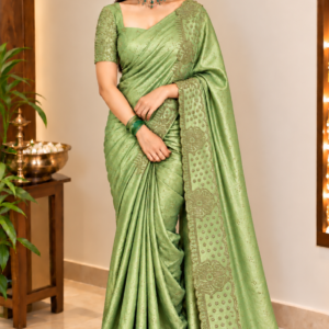 Royal Pastel Green Designer Space Silk Saree with Intricate Stone Work