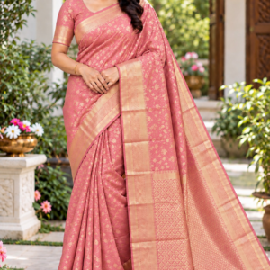 Elegant Pink Soft Silk Saree with Rich Gold Zari Border & Pallu