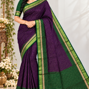 Elegant Deep Purple & Forest Green Banarasi Cotton Saree with Zari Checkered Pattern