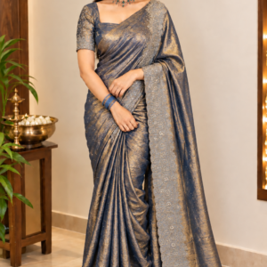Royal Slate Grey & Gold Designer Space Silk Saree with Intricate Stone Work