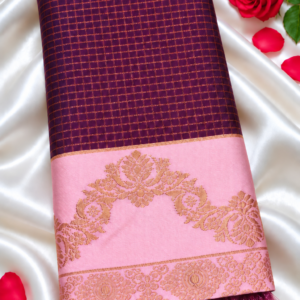 Insta Trend Wine Violet Soft Silk Saree with Zari Grid Checks & Rich Pink Border